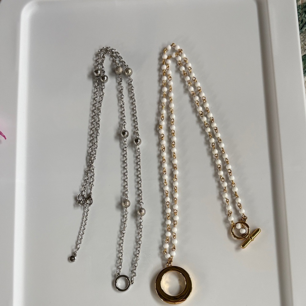 Elegant Silver Necklace and Gold and white beads Necklace Set